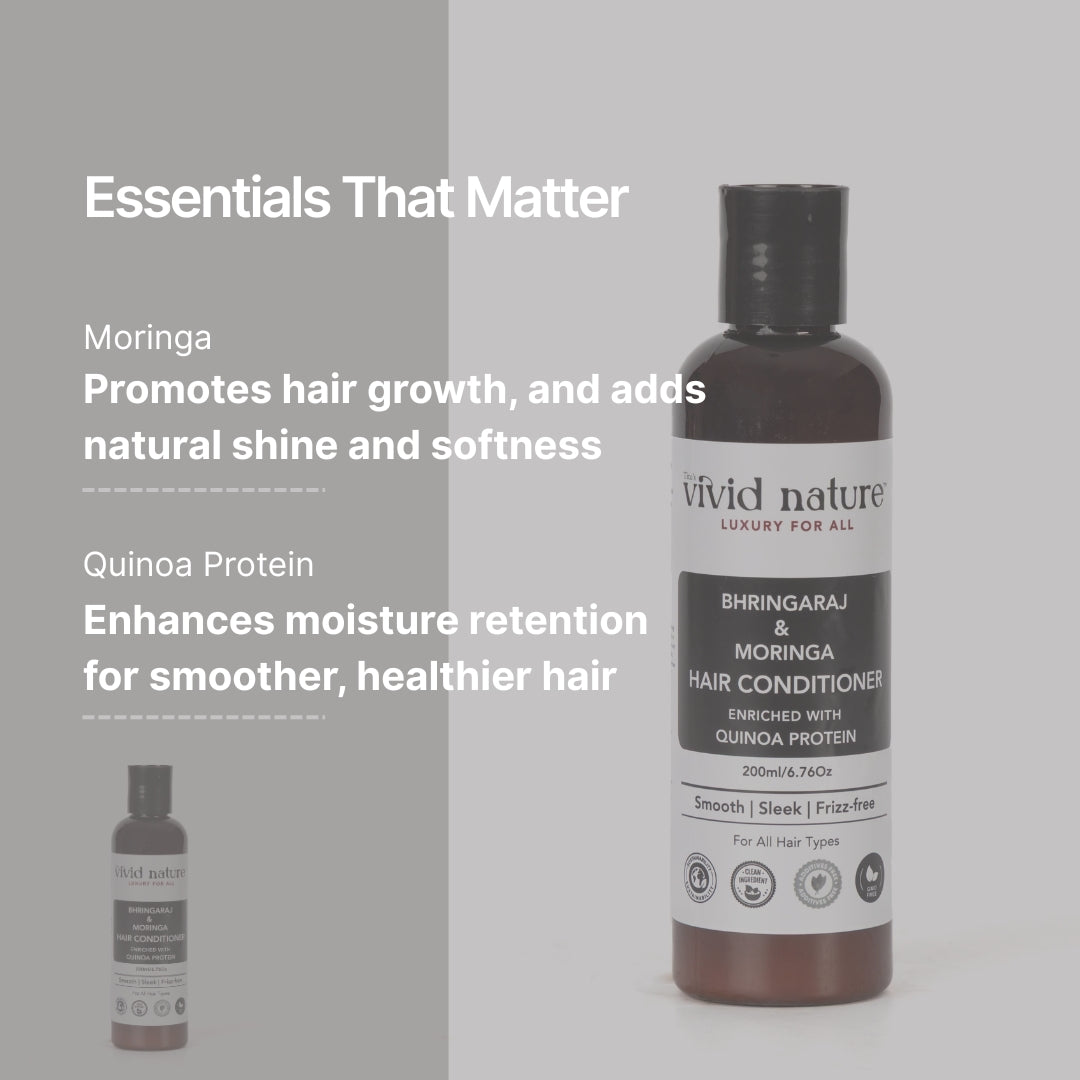 Close-up of Vivid Nature hair conditioner ingredients list featuring natural oils, ayurvedic botanicals, and hydrolyzed vegetable protein for nourishing hair care.