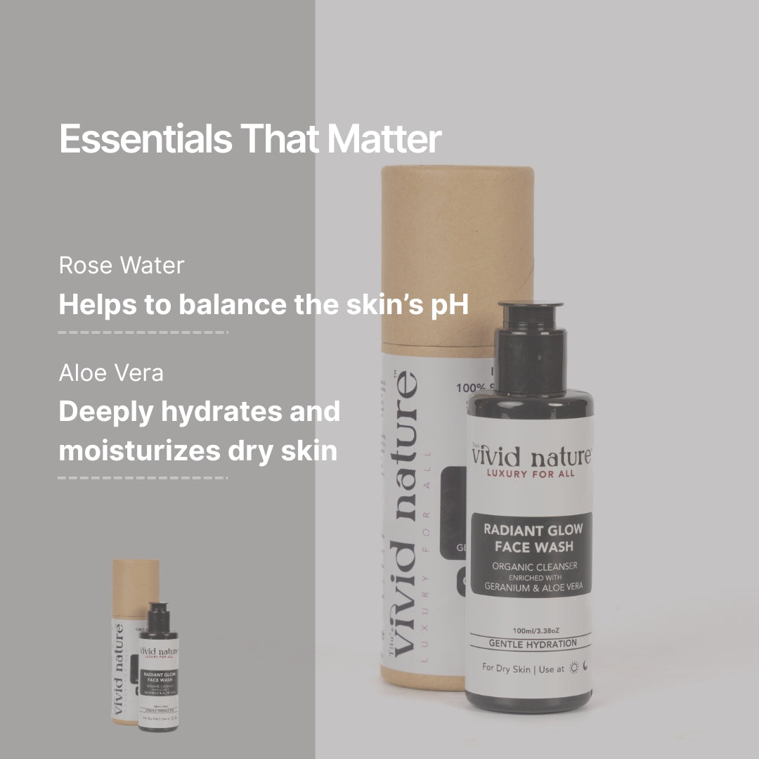 Organic face wash with hydrating Rose Water and soothing Aloe Vera for dry and sensitive skin, promoting natural glow and deep moisture balance. VIvid Nature