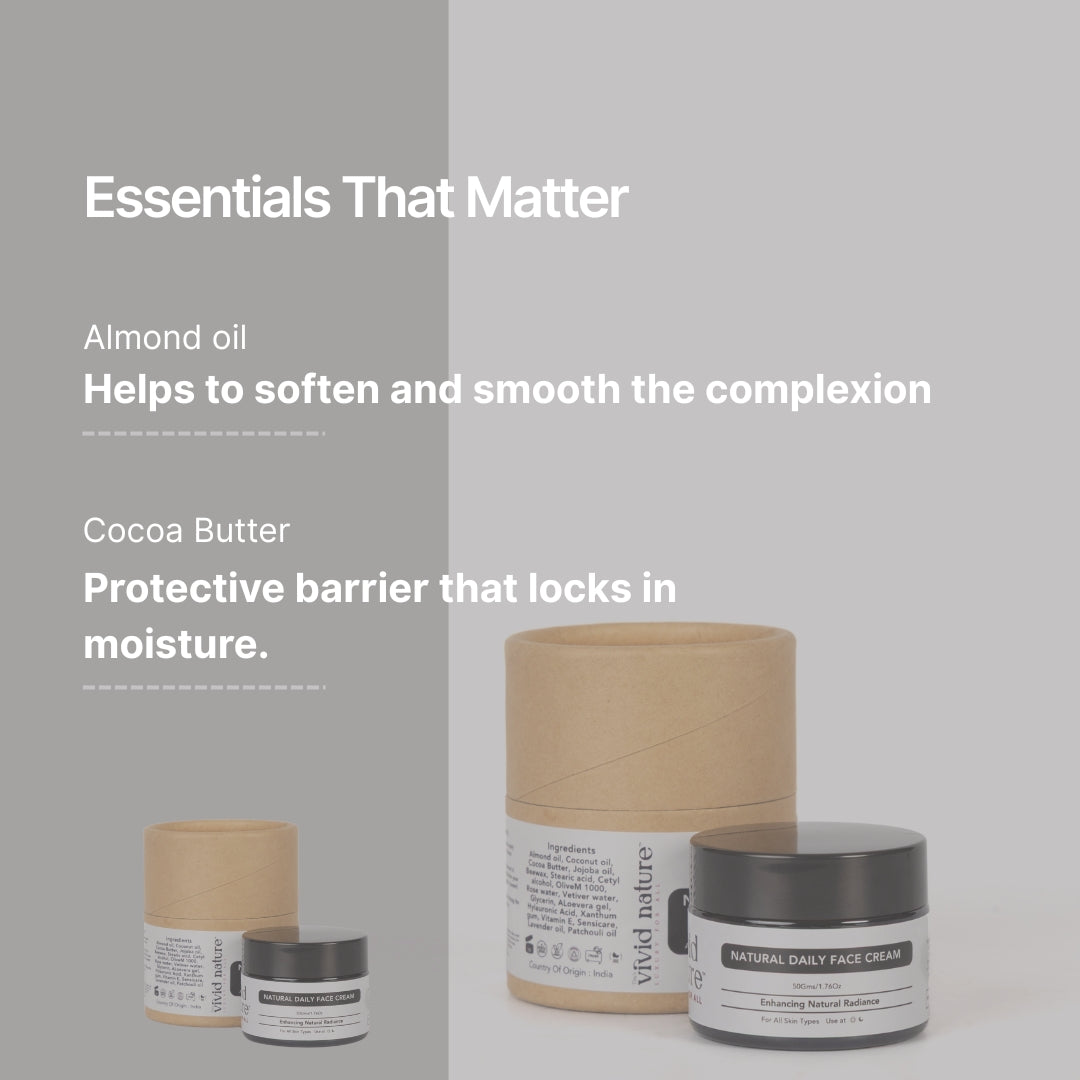 Naturaglow Daily Face Cream enriched with nourishing Almond Oil and hydrating Cocoa Butter for deep moisture and natural skin radiance. Vivid Nature