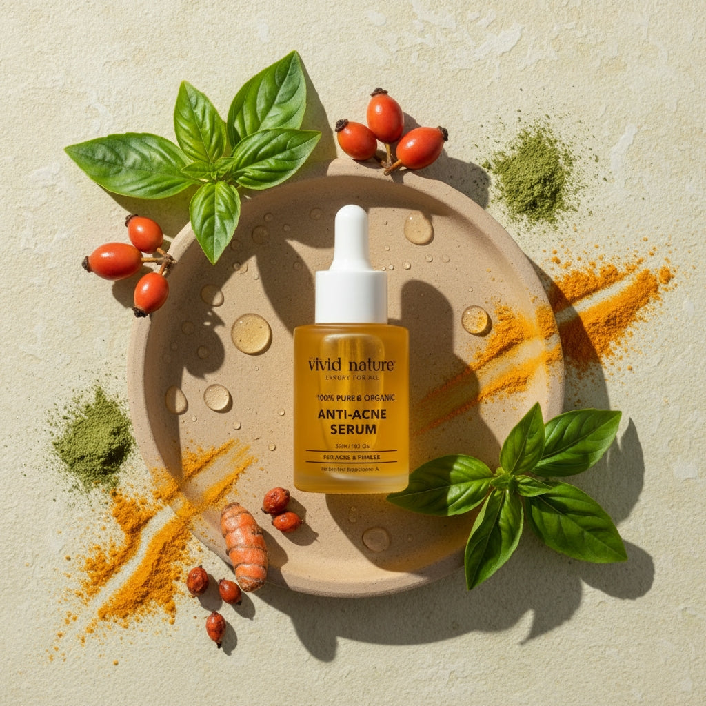 Vivid Nature anti-acne serum bottle with natural ingredients on a beige background