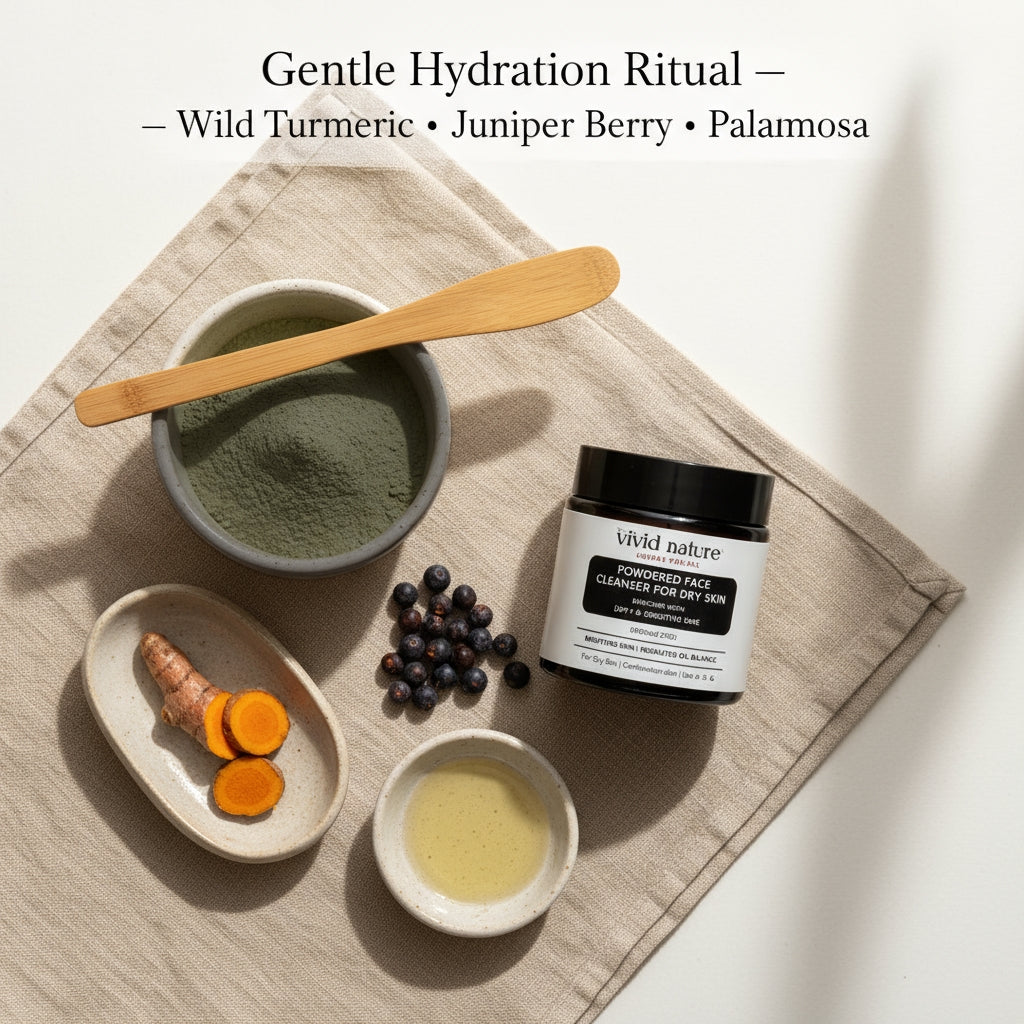 Skincare products with ingredients on a wooden surface, including a jar labeled 'vivid nature'.