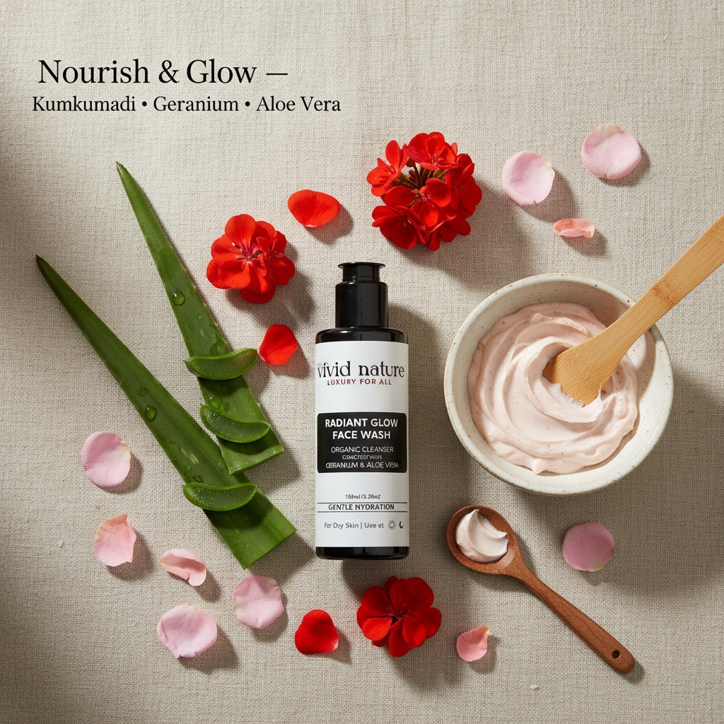 Facial care product with aloe vera leaves, flowers, and cream on a textured surface