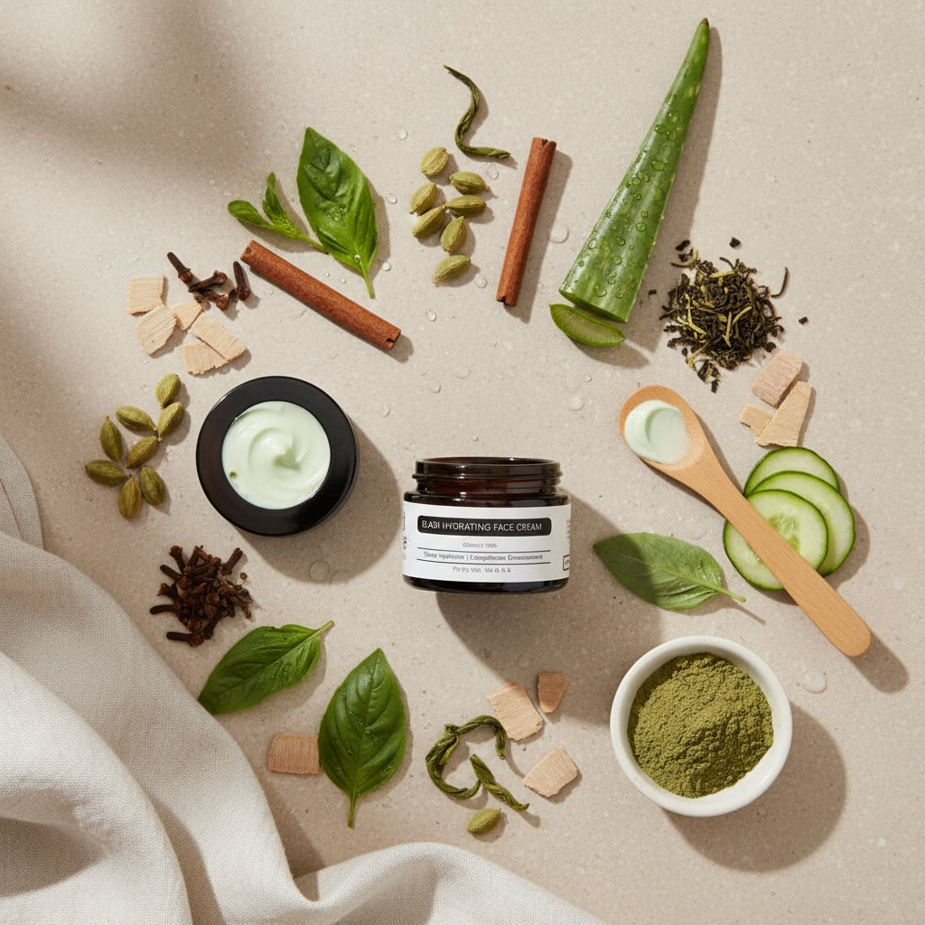 Cosmetic jar with natural ingredients on a neutral background