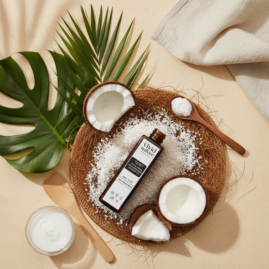 Coconut oil products with a bottle labeled 'Vivid Naturals' on a woven mat with coconut halves and leaves.