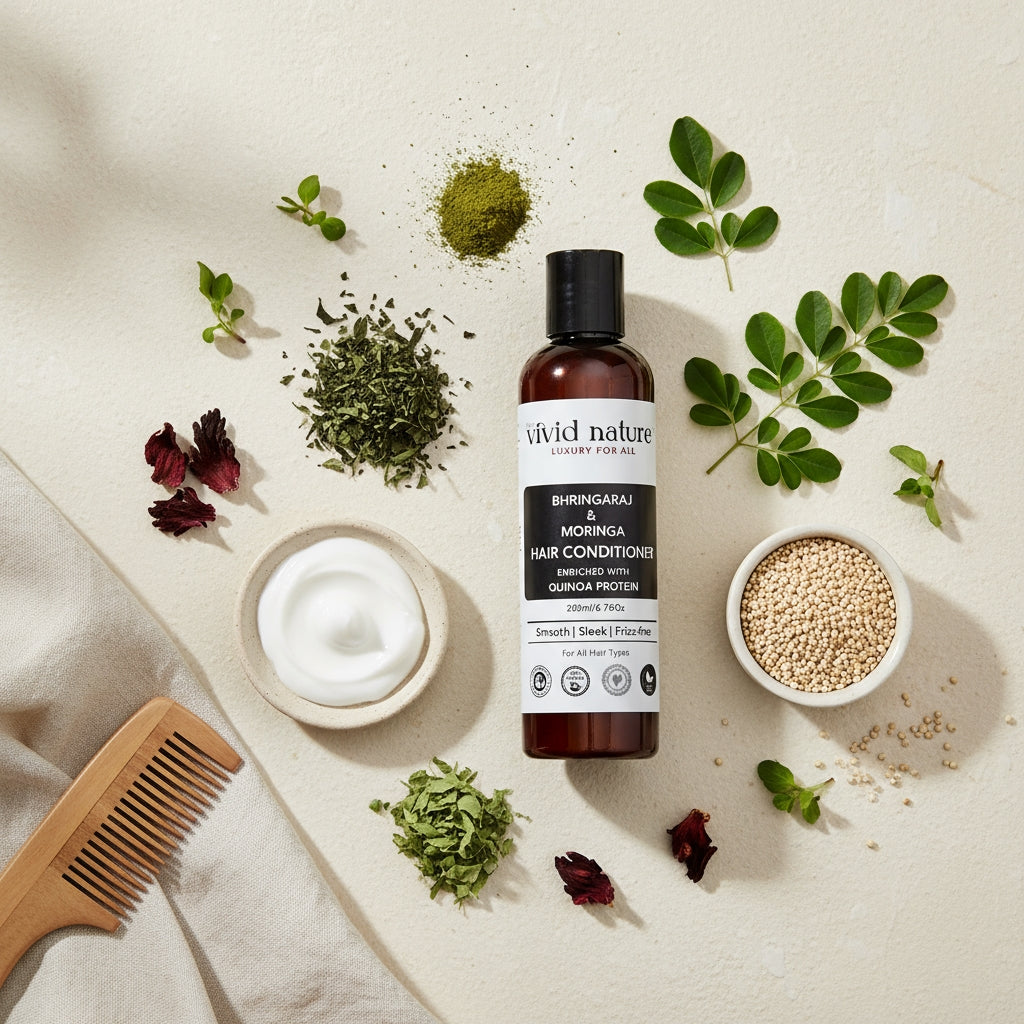 Vivid Nature hair care products with natural ingredients on a light background