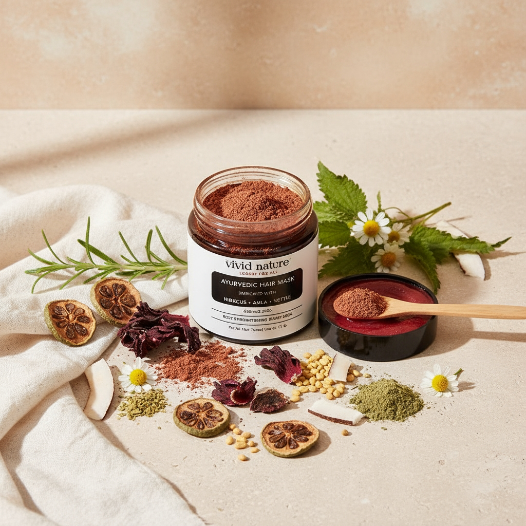 Jar of 'Vivid Nature' Ayurvedic hair mask with ingredients on a beige background