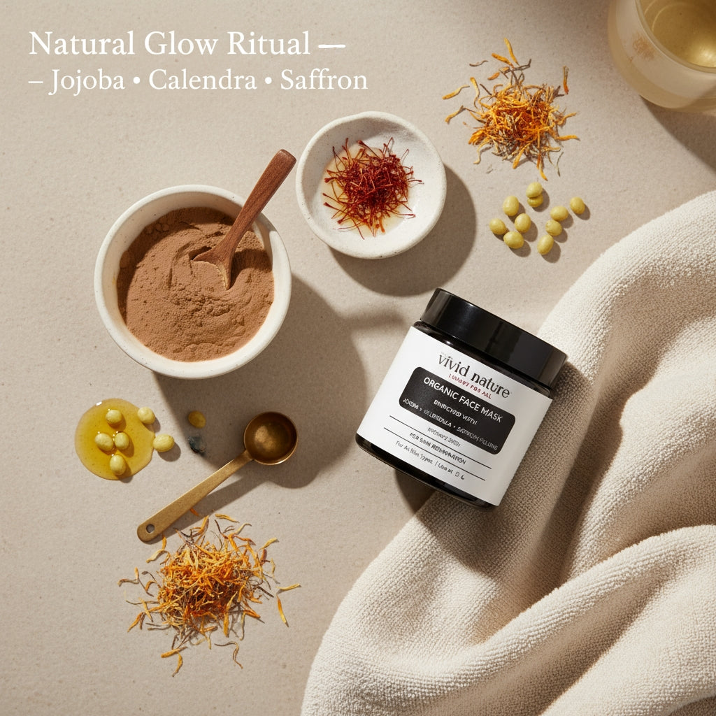 Organic face mask jar with ingredients on a beige background