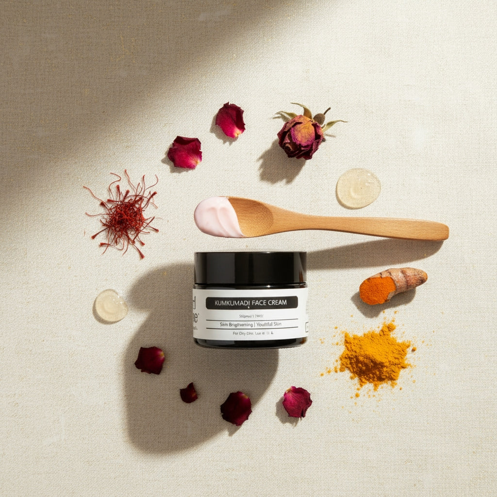 Jar of face cream with wooden spoon and natural ingredients on a beige background
