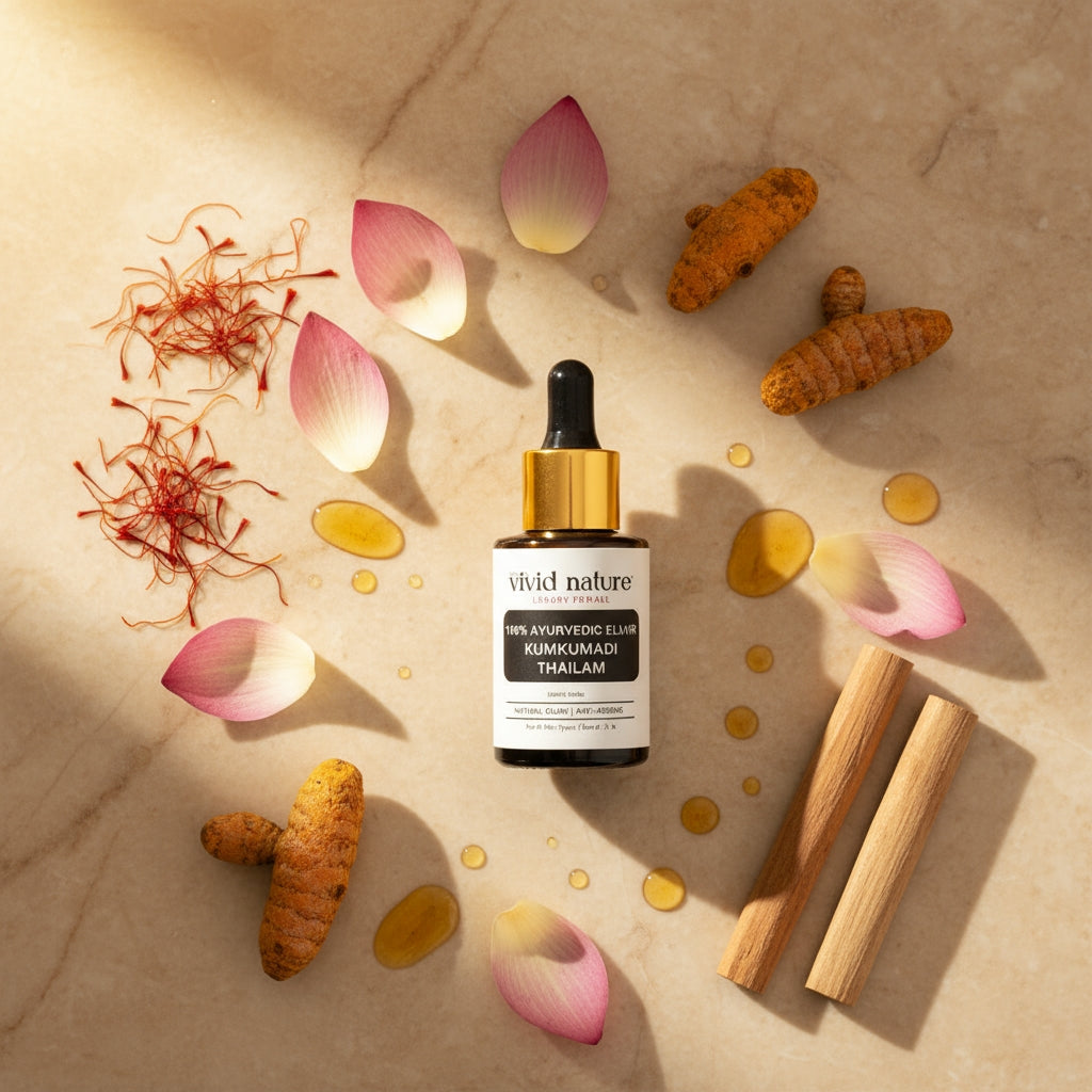 Vivid Nature skincare serum bottle with turmeric roots, saffron, and rose petals on a beige background