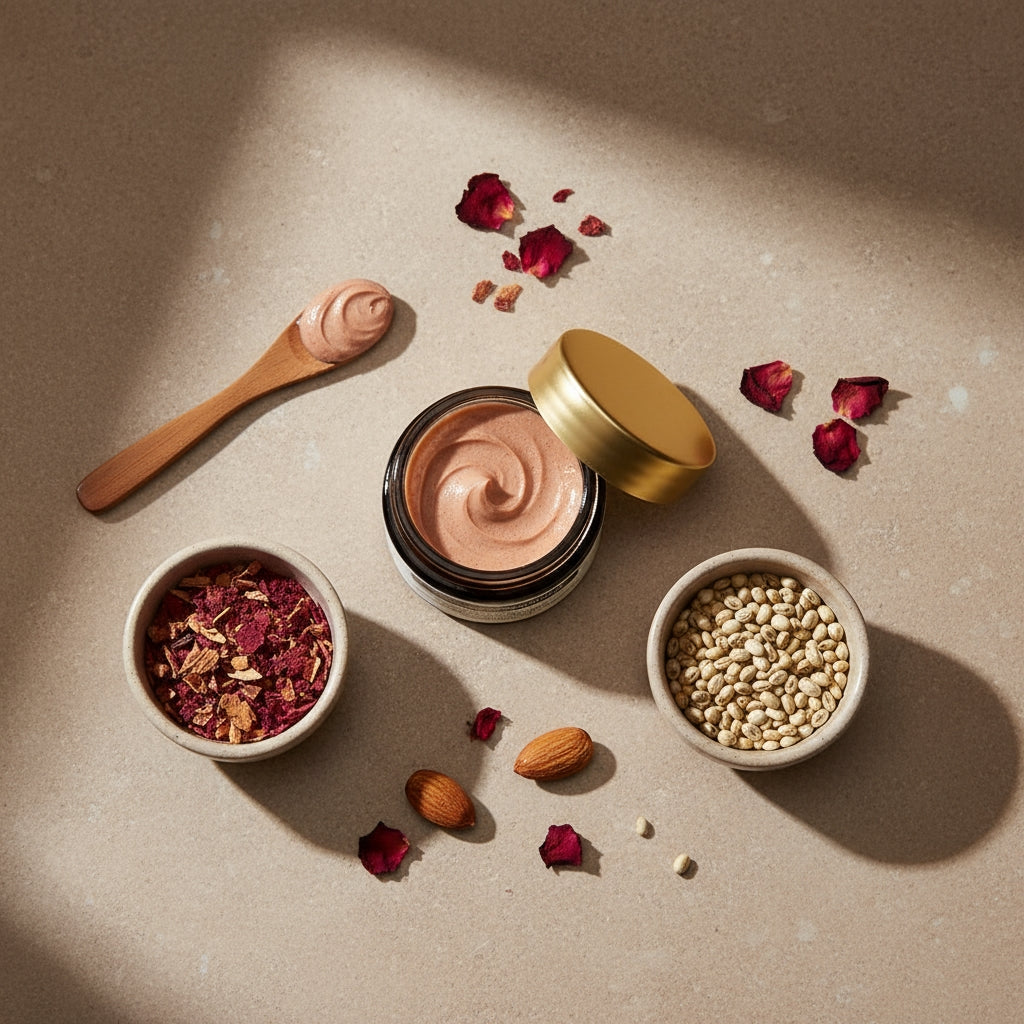 Cosmetic jar with cream, wooden spoon, and small bowls of ingredients on a beige surface.