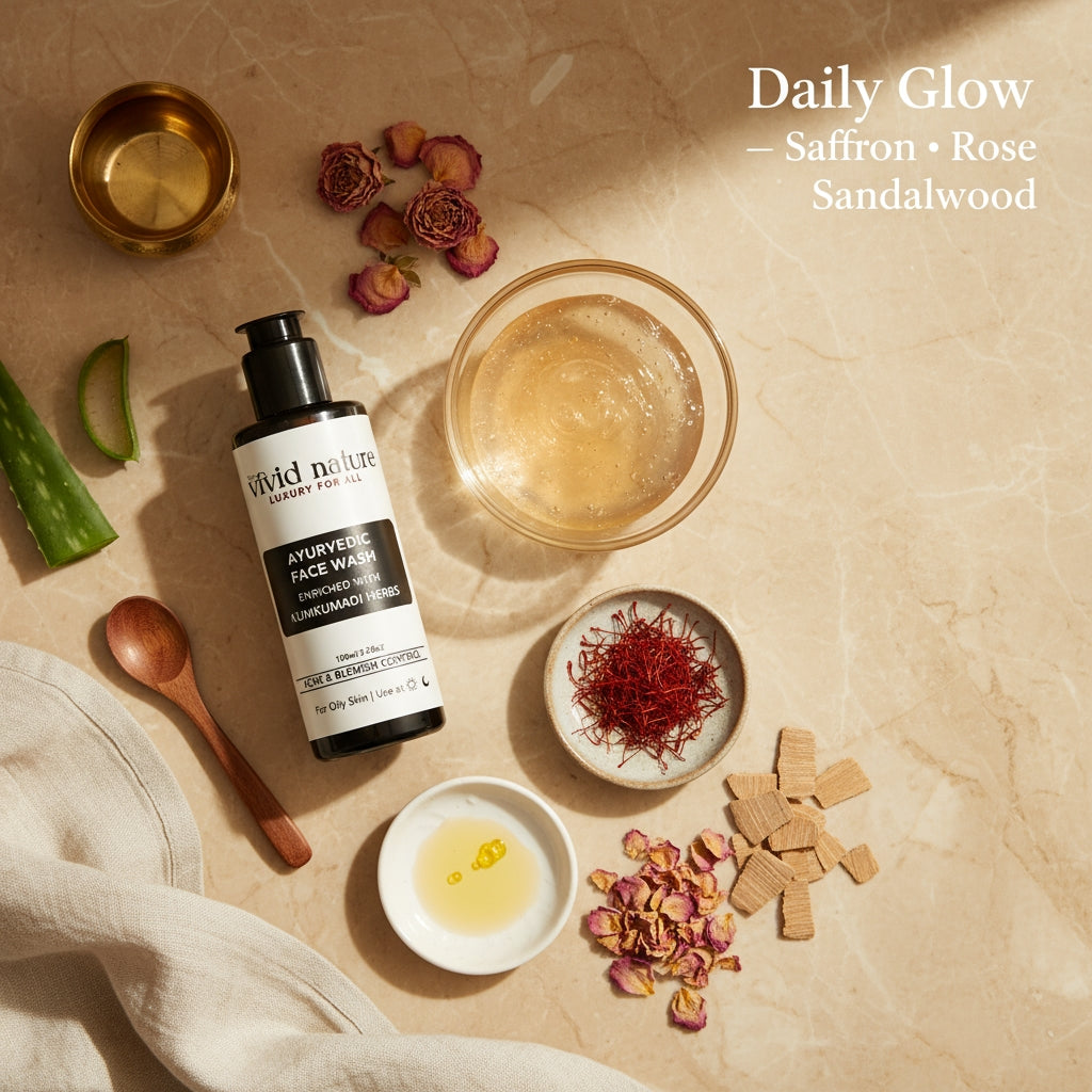 Wild Nature Ayurvedic Face Wash bottle with ingredients on a beige background
