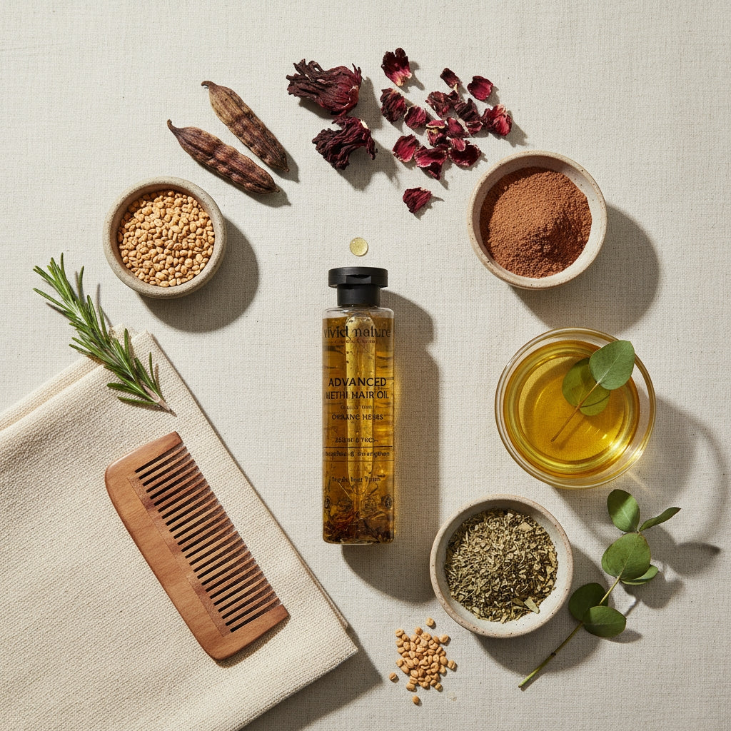 Herbal and natural products including a bottle, comb, and bowls on a light background