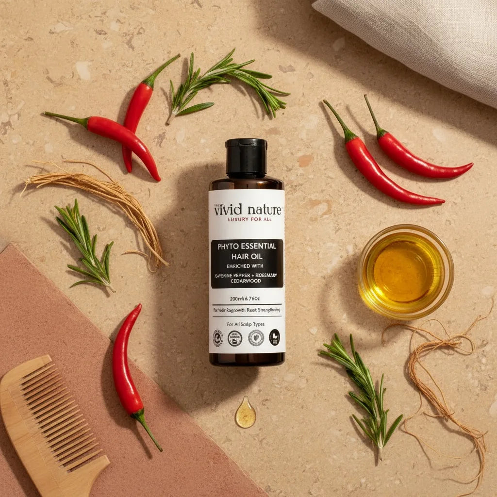 Vivid Nature phyto essential hair oil bottle with chili peppers, rosemary, and a comb on a textured surface.