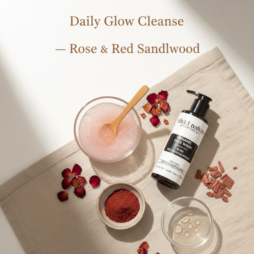 Cosmetic products with rose and red sandalwood theme on a light background