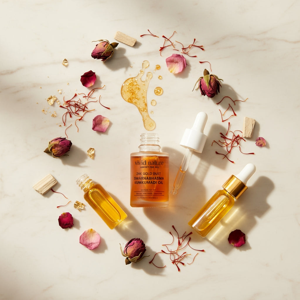 Three glass bottles with droppers on a light surface with dried flowers and saffron strands.