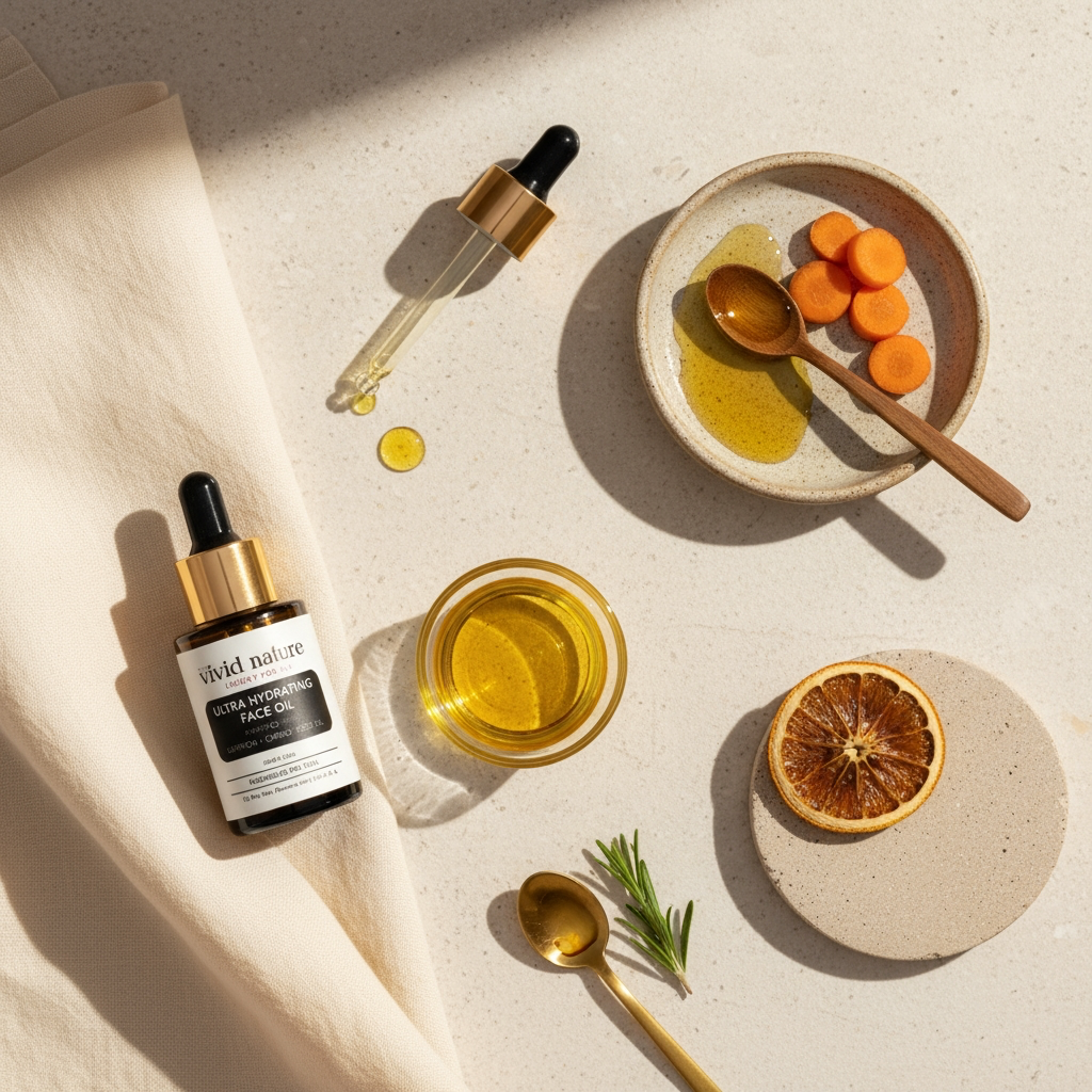 Vivid Nature skincare product with dropper and ingredients on a neutral background